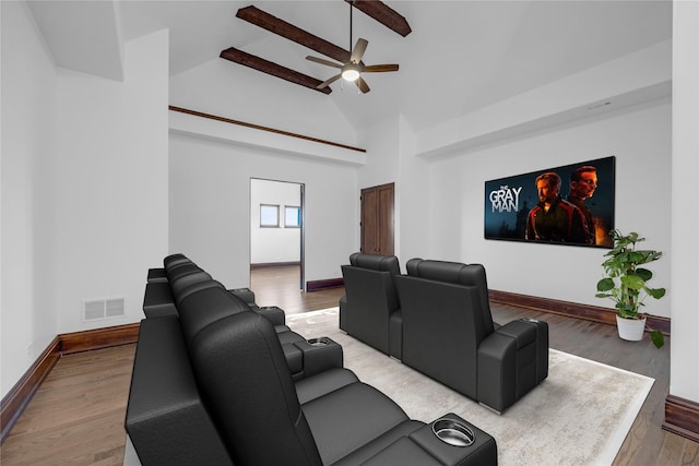 home theater with beam ceiling, hardwood / wood-style flooring, high vaulted ceiling, and ceiling fan