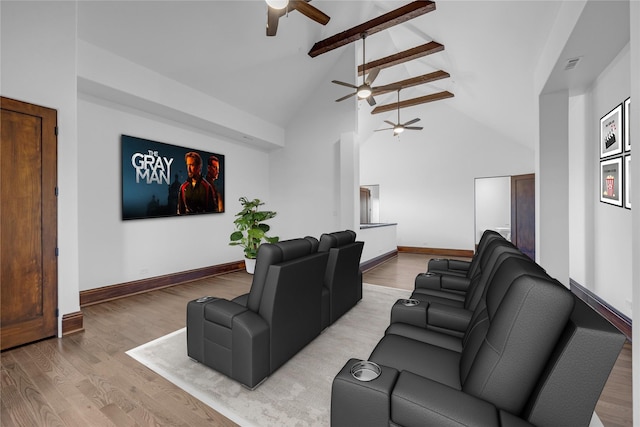 7217 NW 107th St, Johnston, IA 50131 - home theater featuring ceiling fan, light wood-type flooring, beamed ceiling, high vaulted ceiling, and baseboards