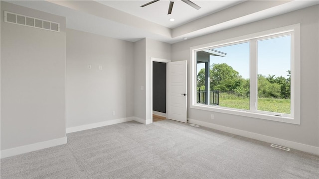 spare room featuring ceiling fan, plenty of natural light, and light carpet