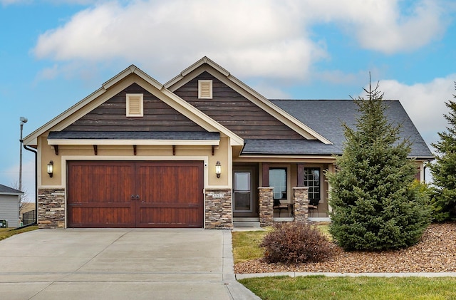 3513 Sunstone Ct SE, Altoona, IA 50009 - craftsman house with stone siding, driveway, a shingled roof, and an attached garage