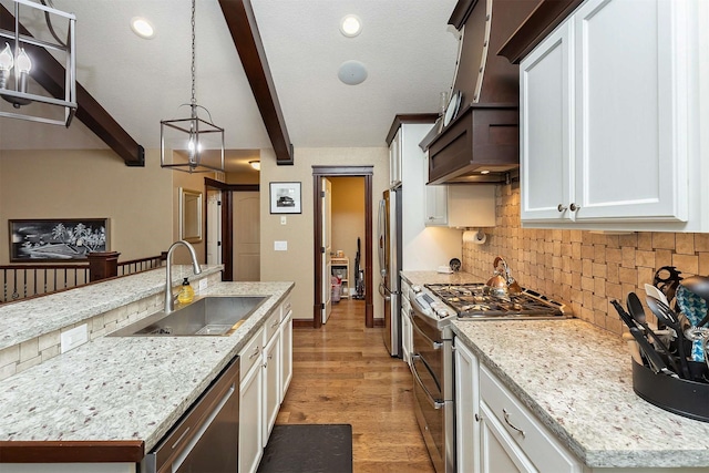 3513 Sunstone Ct SE, Altoona, IA 50009 - kitchen featuring appliances with stainless steel finishes, decorative backsplash, beam ceiling, light wood-style floors, and white cabinetry