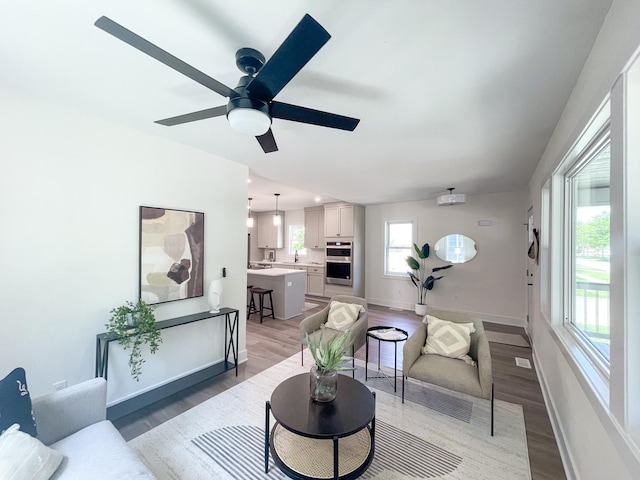 living room featuring light hardwood / wood-style flooring and ceiling fan