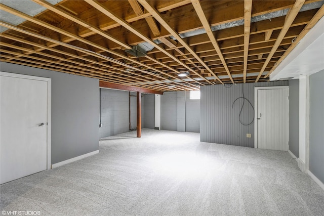 basement featuring carpet flooring