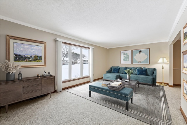 living room with light carpet, a textured ceiling, and crown molding