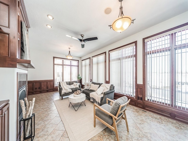 living room with ceiling fan