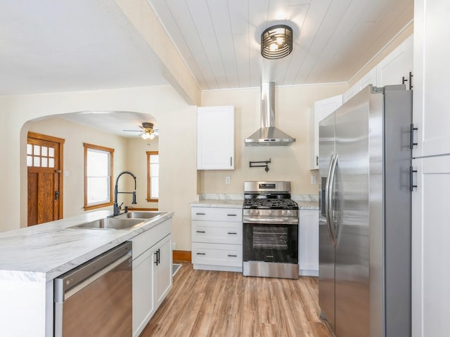 kitchen with wall chimney exhaust hood, white cabinetry, sink, and appliances with stainless steel finishes