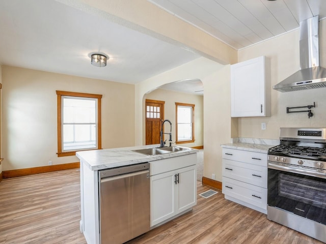 kitchen with white cabinetry, sink, wall chimney range hood, and appliances with stainless steel finishes