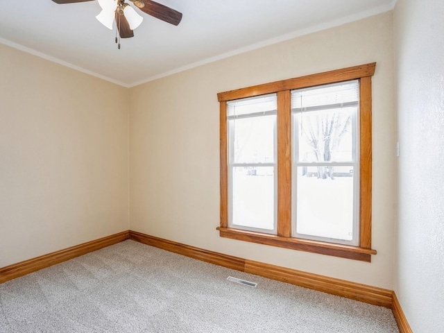 carpeted spare room with ceiling fan and ornamental molding