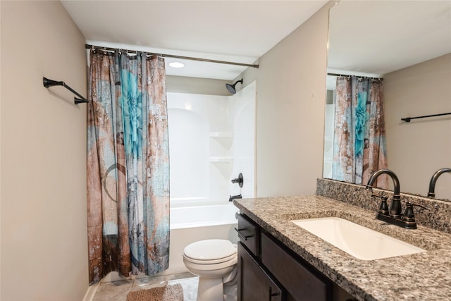 full bathroom featuring toilet, vanity, and shower / bath combination with curtain