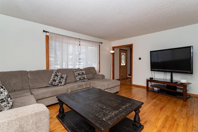 living room with hardwood / wood-style flooring and a textured ceiling