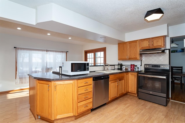 kitchen with sink, stainless steel appliances, tasteful backsplash, light hardwood / wood-style floors, and kitchen peninsula