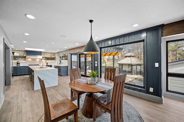 dining room featuring a healthy amount of sunlight, a textured ceiling, and light hardwood / wood-style flooring