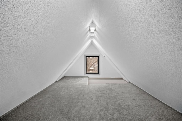 bonus room with carpet, a textured ceiling, and vaulted ceiling