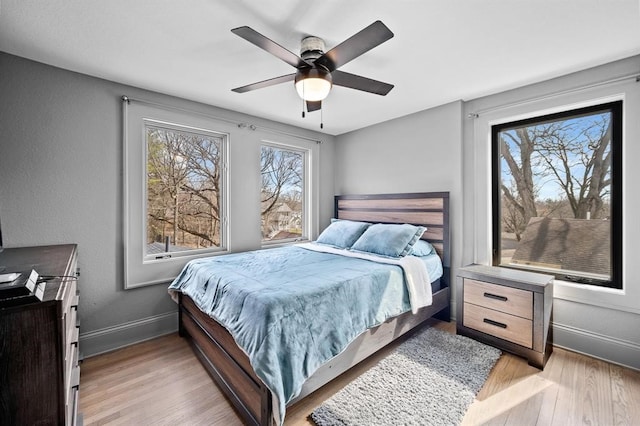 bedroom featuring ceiling fan and light hardwood / wood-style flooring