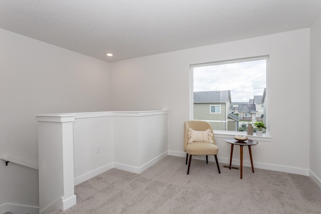 sitting room featuring light colored carpet