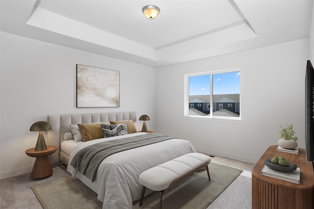 carpeted bedroom with a raised ceiling