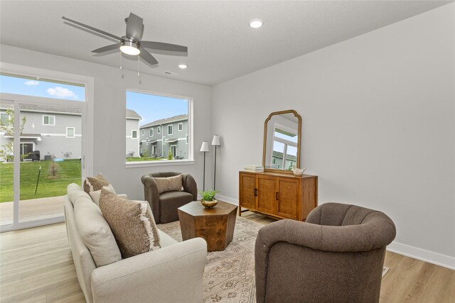 230 NW Waverly Dr, Waukee, IA 50263 - living area with light wood finished floors, baseboards, ceiling fan, and recessed lighting