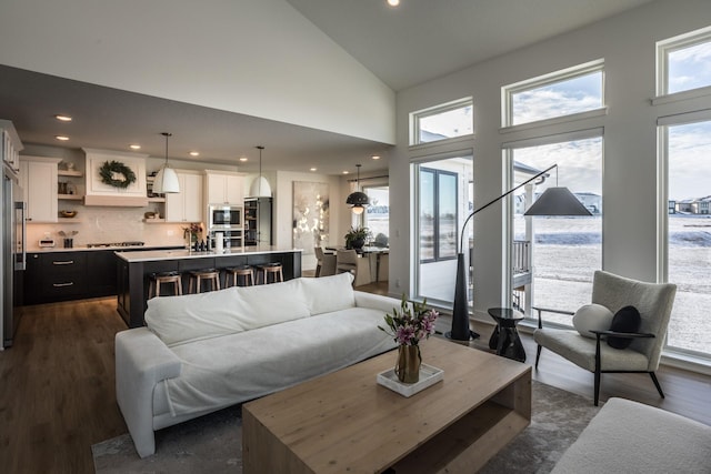 living room with plenty of natural light, dark hardwood / wood-style flooring, and high vaulted ceiling