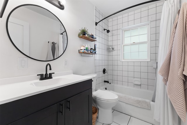 full bathroom with tile patterned flooring, shower / tub combo, vanity, and toilet