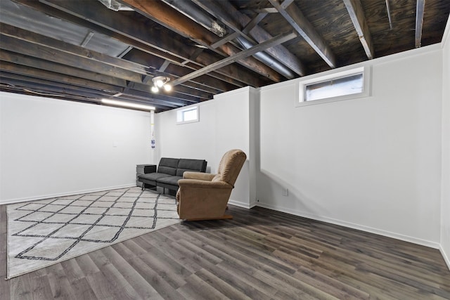 basement with a wealth of natural light and wood-type flooring