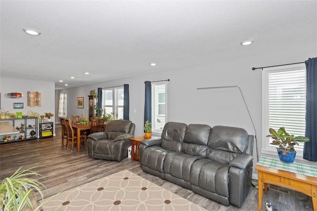 living room with wood-type flooring and a textured ceiling