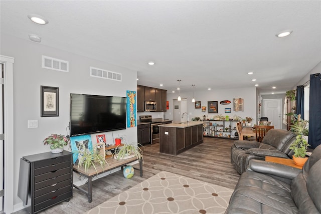 living room with light wood-type flooring and sink