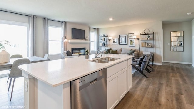 kitchen featuring stainless steel dishwasher, a glass covered fireplace, open floor plan, white cabinets, and a sink