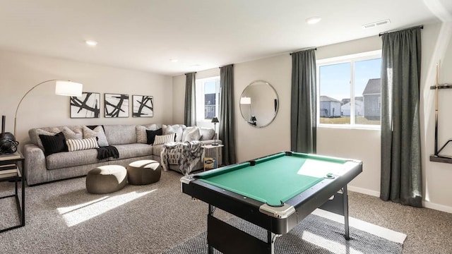 playroom featuring baseboards, visible vents, recessed lighting, pool table, and carpet flooring