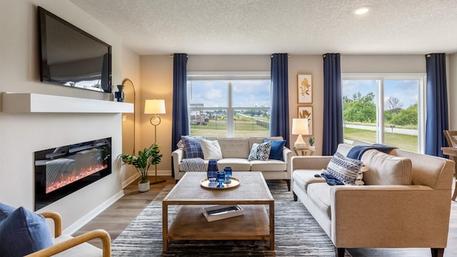 living area featuring baseboards, wood finished floors, a wealth of natural light, and a glass covered fireplace