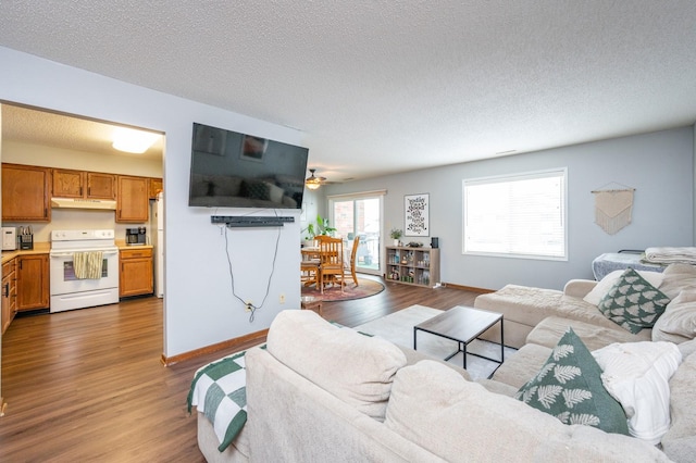 living room featuring a textured ceiling, a ceiling fan, baseboards, and wood finished floors