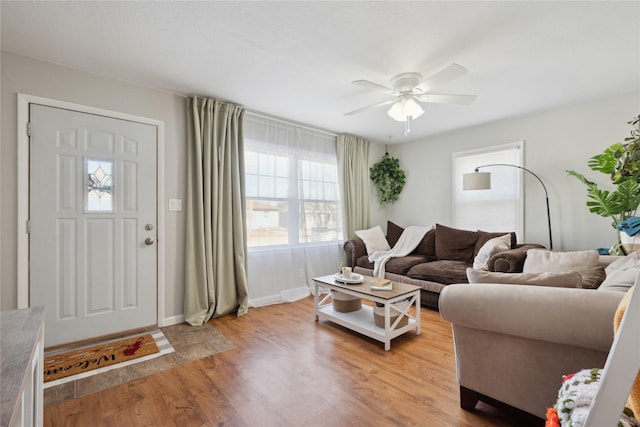 living room featuring ceiling fan and light hardwood / wood-style flooring