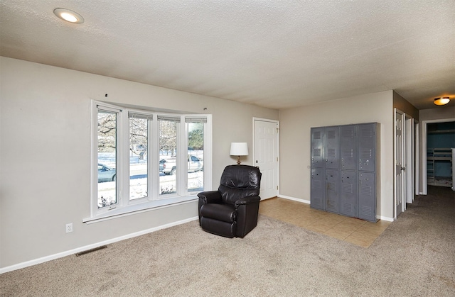 sitting room featuring light carpet and a textured ceiling