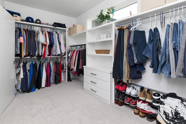 spacious closet featuring light carpet