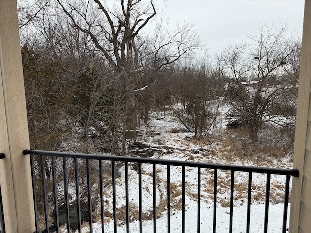 view of snow covered back of property