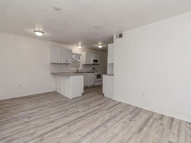 kitchen with white appliances, backsplash, white cabinets, sink, and kitchen peninsula