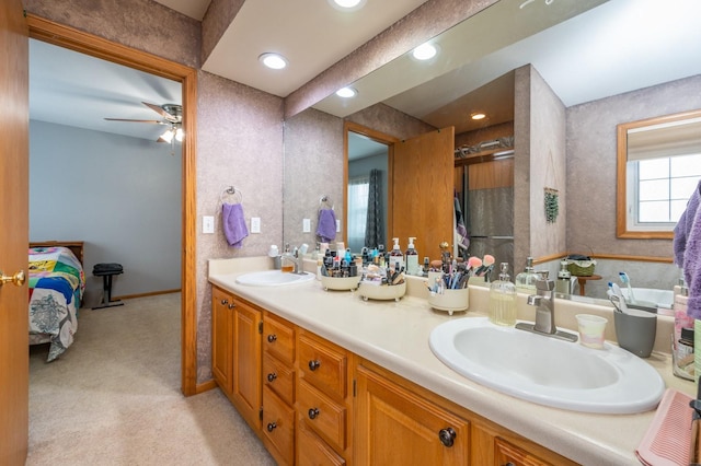 bathroom with vanity and ceiling fan