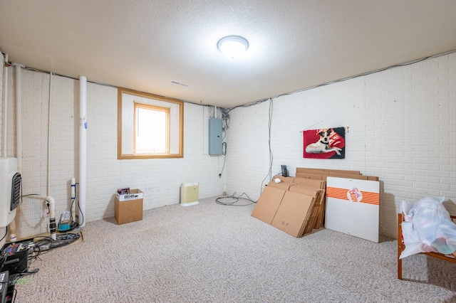 basement with carpet flooring, electric panel, and brick wall