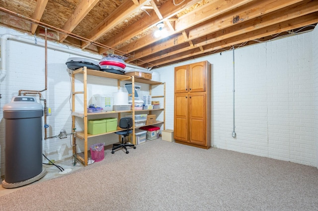 basement with light colored carpet and brick wall