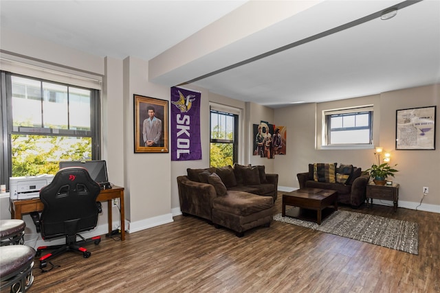 living area featuring baseboards and wood finished floors