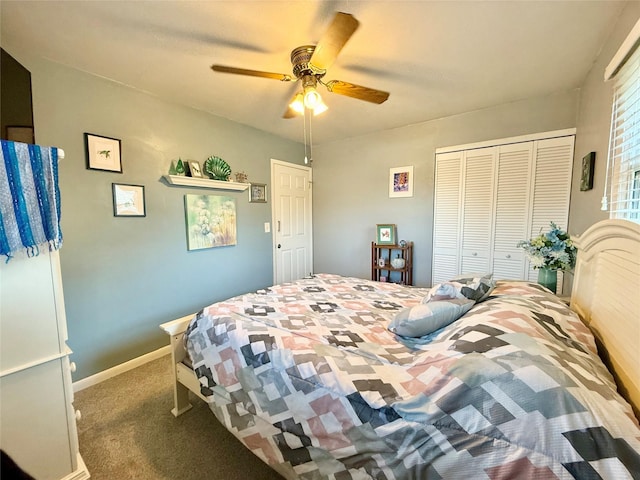 bedroom with ceiling fan, carpet floors, and a closet