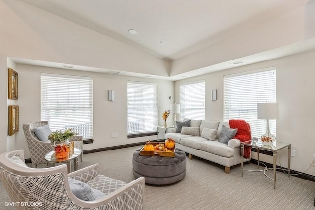 living room featuring carpet and lofted ceiling