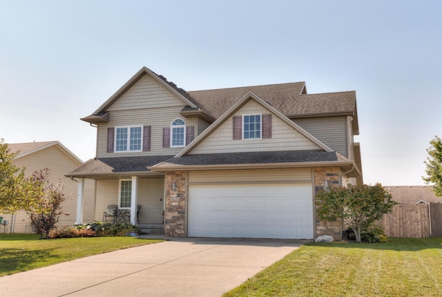 craftsman house with a front yard and a garage