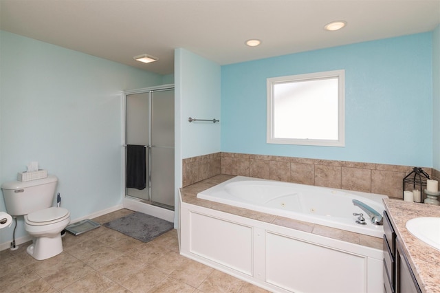 full bathroom with vanity, toilet, and separate shower and tub