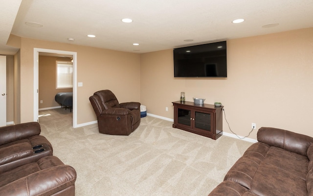 living room featuring light carpet