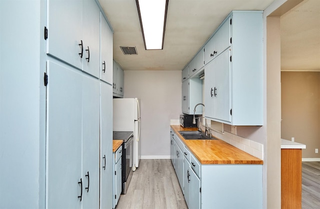 kitchen with wooden counters, sink, light hardwood / wood-style flooring, and stainless steel electric range