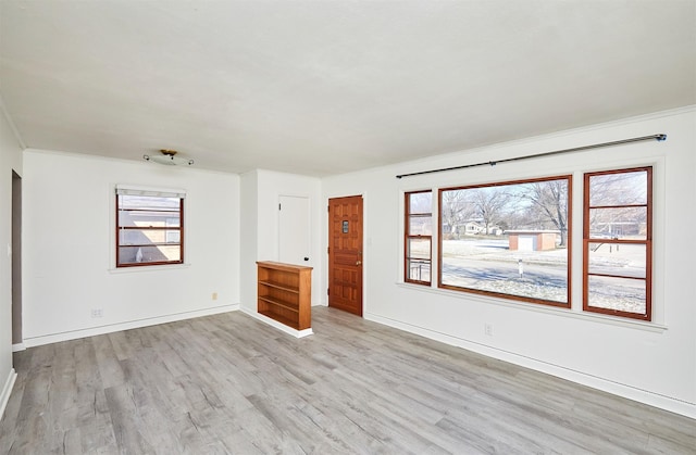 interior space with light hardwood / wood-style flooring and ornamental molding