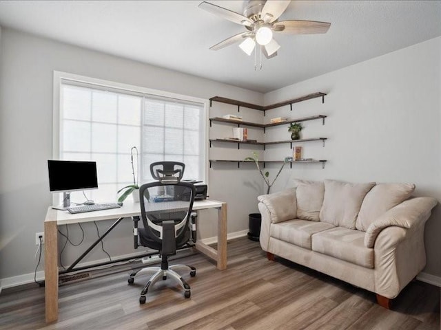 office space featuring ceiling fan and hardwood / wood-style flooring