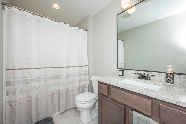 full bath with toilet, vanity, tile patterned flooring, and visible vents