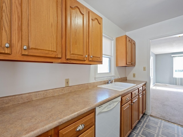 kitchen featuring dishwasher, sink, and carpet