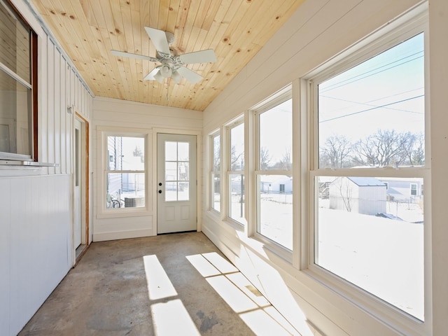 unfurnished sunroom featuring ceiling fan and wood ceiling